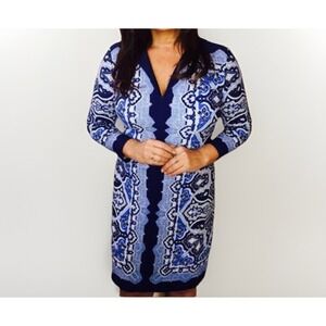 Cache Dress Blue White Print 3/4 Sleeve Sheath Dress Women's Small